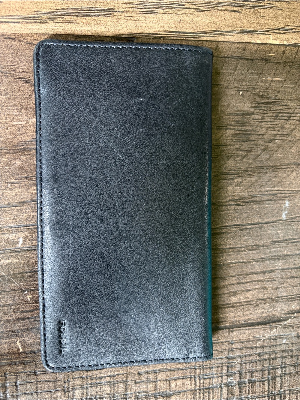 Fossil Black Genuine Leather Long Wallet Checkbook Style Slim Unisex